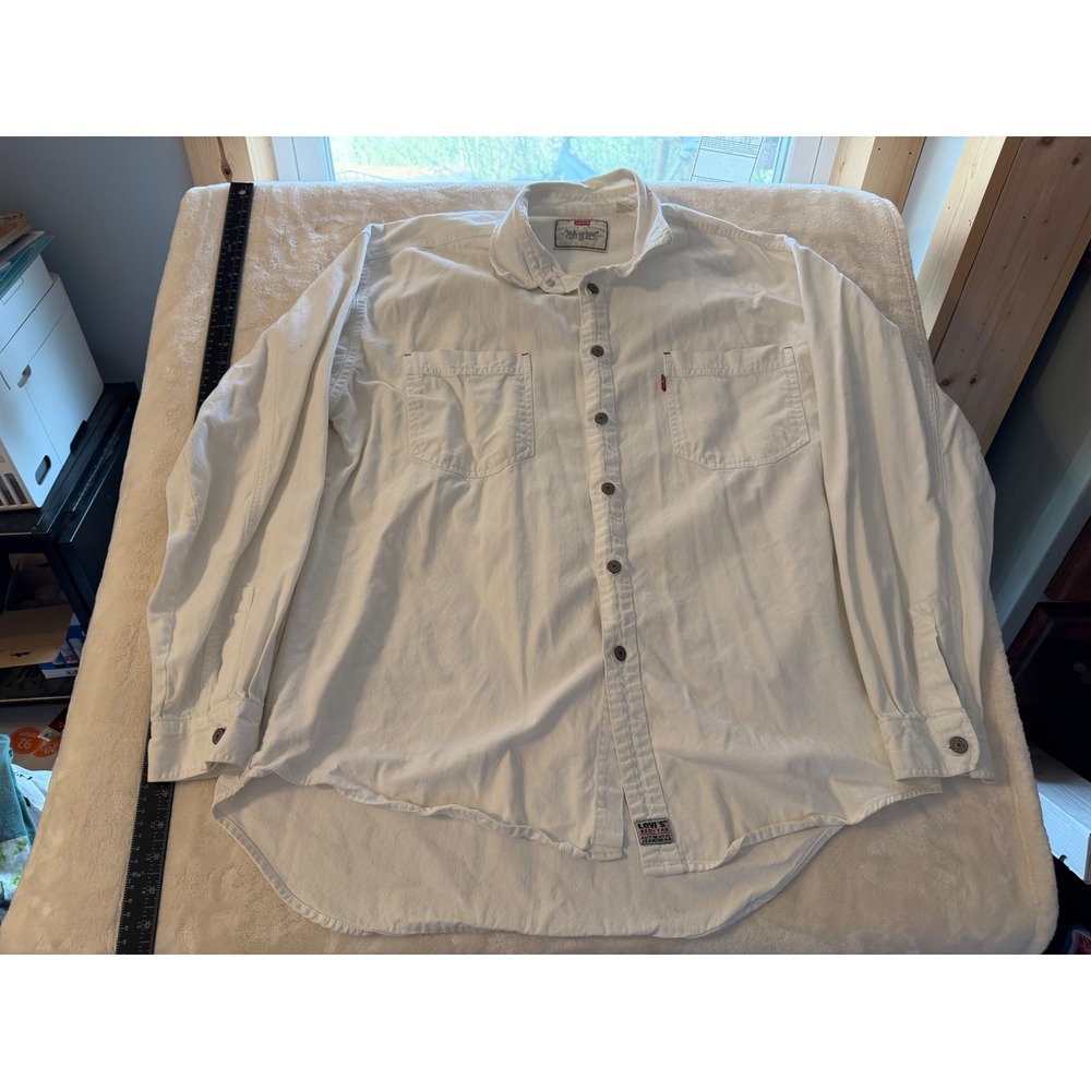 Vintage Levis Red Tab White Button Down Shirt Mens XL Long Sleeve Cotton Denim